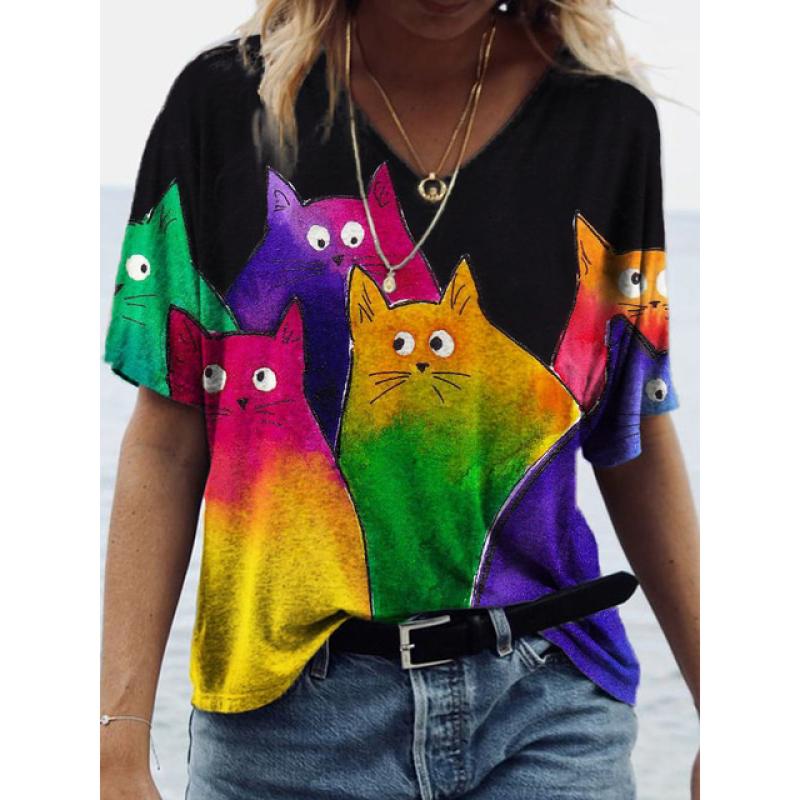 Women's 3d Cats Print T-Shirt Fashion Woman Blouses 2024 Funny Kawaii V-Neck T Shirt Female Clothing Oversized Summer Tops Tees