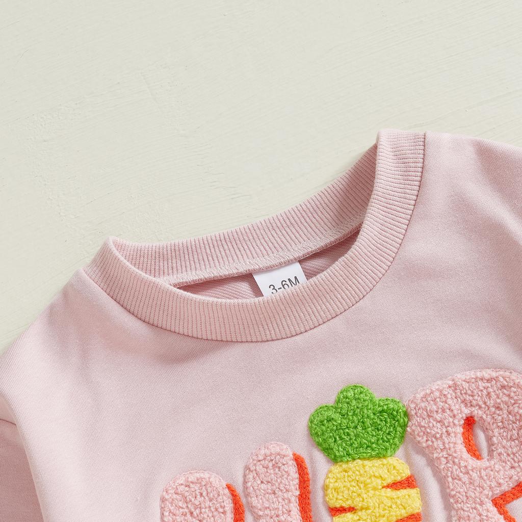 Baby Girls Romper, Long Sleeve Crew Neck Embroidery Carrot Rabbits Letters Fall Bodysuit Easter Clothes