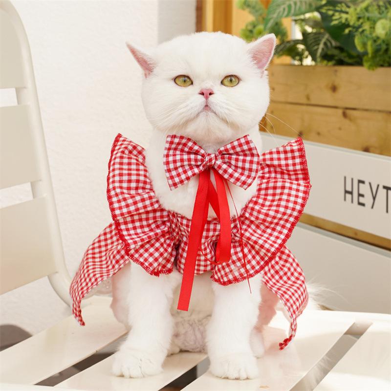 Šaty pro kočku Luxusní mazlíčkovská vesta Bavlna Kostkovaná Štěně Sukně Dívčí Psí kostým Oblečení pro čivavu Oblečení pro bišonka s mašlí Pokrývka hlavy