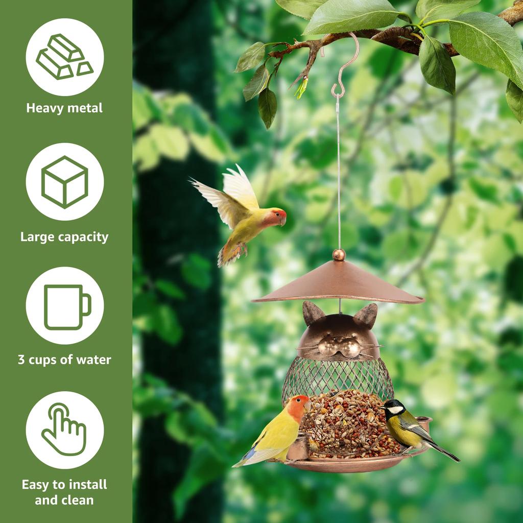 Iron Hanging Bird Feeder Outdoor Heavy Duty Wild Bird Feeder with 3 Cup Large Capacity Squirrel Proof Tray Food Dispenser