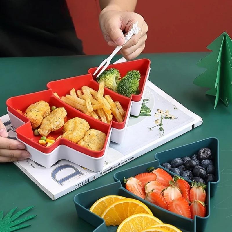 1-10PCS Holiday Christmas Plastic Snack Plates Candy Fruit Divided Trays Tree Shape INS Style Home Table Party Decor Supplies