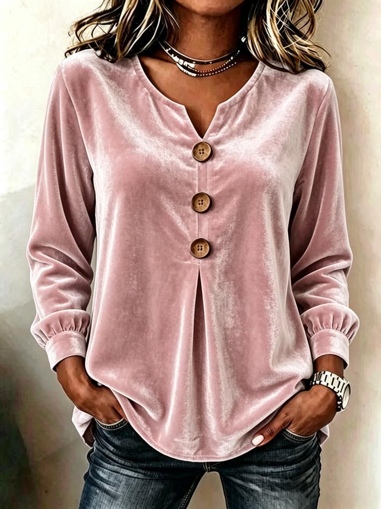 Blouse Boutonnée à Col en V en Velours pour Femme Haut Décontracté à Manches Longues Hauts Élégants en Satin