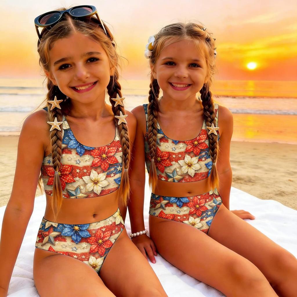 Conjunto de Bikini de Dos Piezas para Niñas, Top Tankini y Braguita, Ropa de Baño de Verano para Niños, Traje de Baño con Estampado del Día de la Independencia