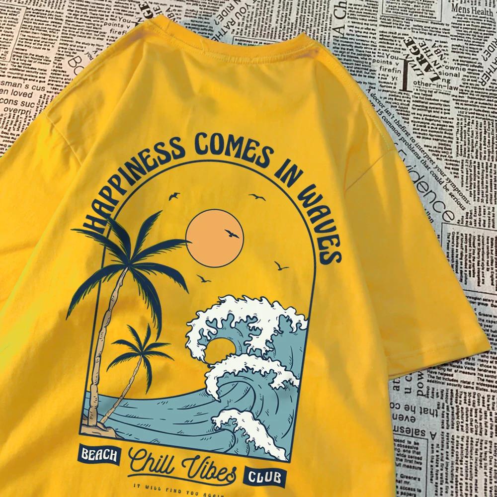 Happy to Wave printed men's T-shirt Clothing Fashion Loose top 100% cotton Creative casual T-shirt pattern loose T-shirt couple