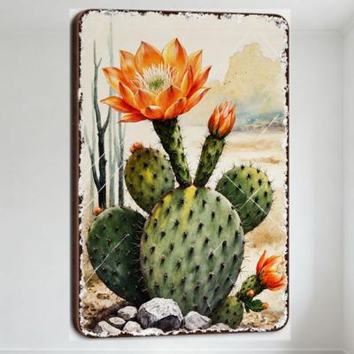 Vintage Watercolor Desert Cactus Metal Tin Sign, Prickly Pear Opuntia with Orange Flowers, Saguaro Cactus Desert Landscape Wall