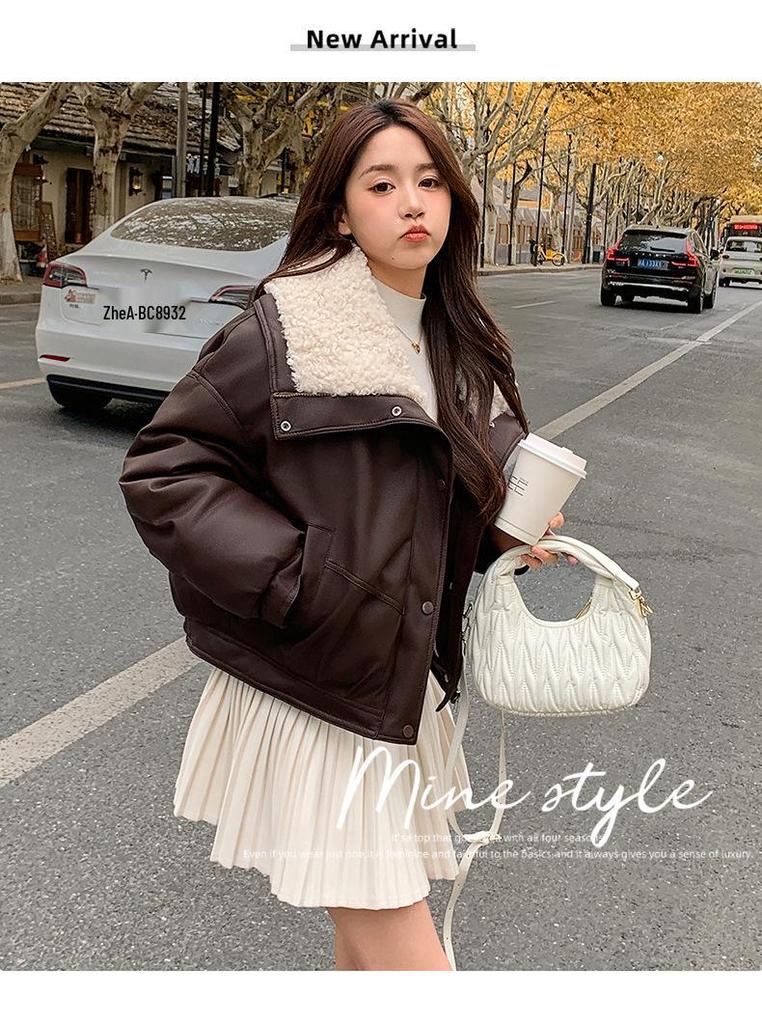 Women's Winter Lambswool Lapel Leather Jacket - Thick, Warm, College Style, Wash-Free Cotton.