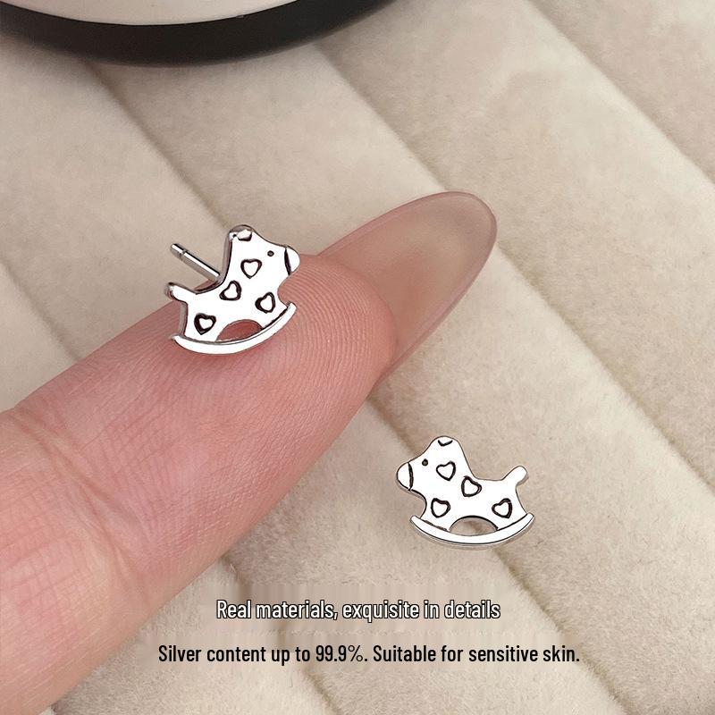 Sterling Silver Korean Style Heart Rocking Horse Stud Earrings - Playful Gift for Women & Students