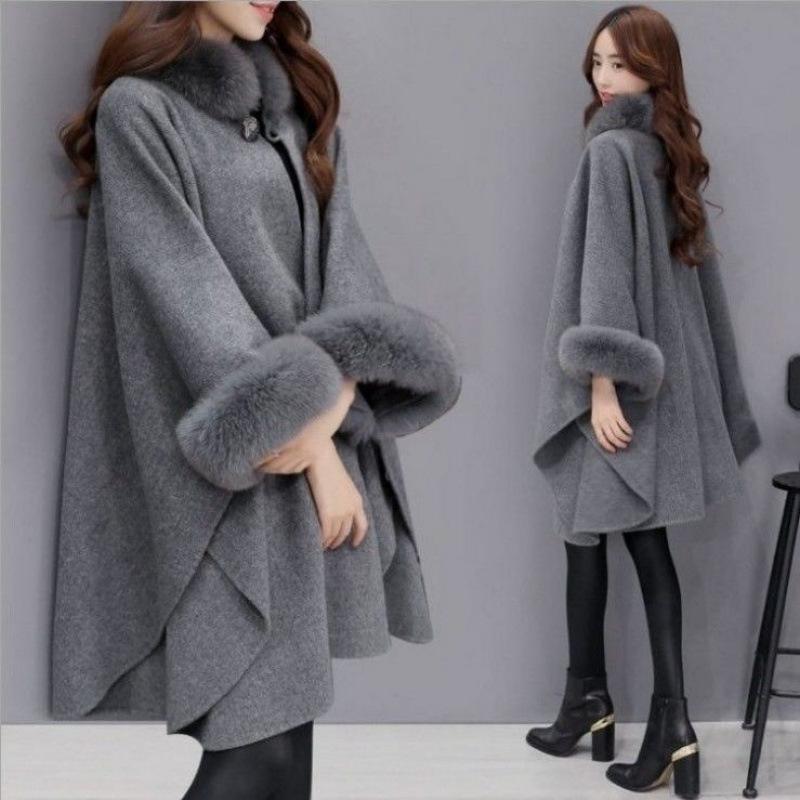 Coat Female Tide In The Fall and Winter Large Rabbit Hair Collar In The Long Tweed Coat Temperament Cape Shawl Hepburn Wind Tweed Large Size