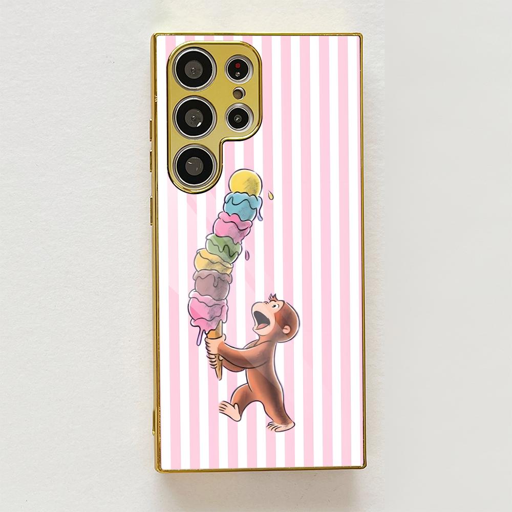 Y2K Curious George Phone Case For Samsung Galaxy S25 S24 S23 Ultra Metal Frame Case Slim Shockproof Cover Durable