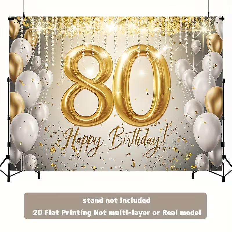 2D Happy 80th Birthday Backdrop Gold Confetti Diamond Photo Booth Banner