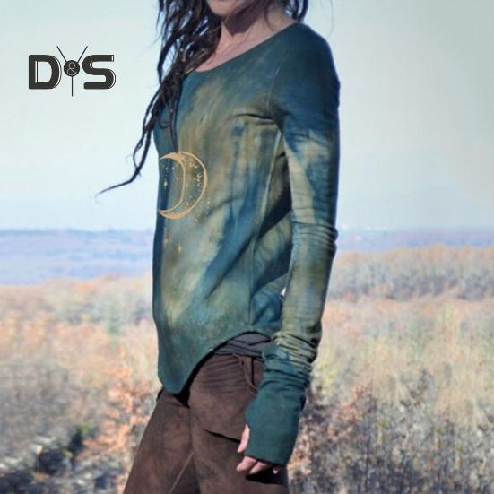 Damer Topper Rund Hals Langermet Månetrykt Skjorte Slim Fit Middels Lengde Elastisk T-skjorte Hverdagsklær