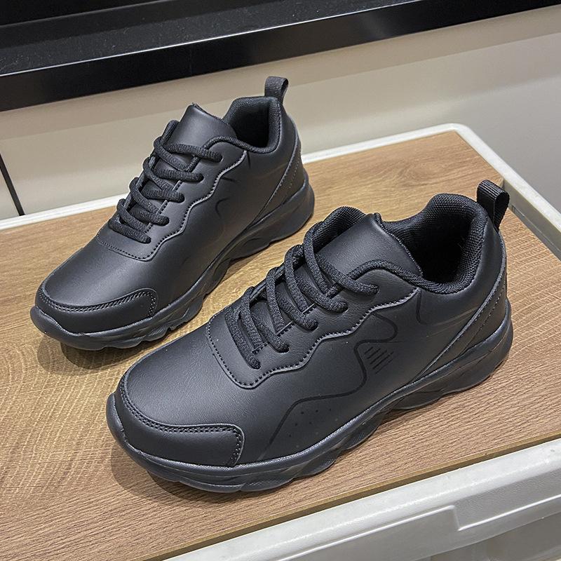 Waterproof Leather Sneakers Women's Spring Standing for a Long Time Is Not Tired Feet Soft Sole All Black Work Shoes Non-slip Mother Kitchen Shoes