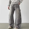 Mens Washed Grey Denim Jeans Loose Straight Fit Vintage Streetwear Wide Leg Trousers