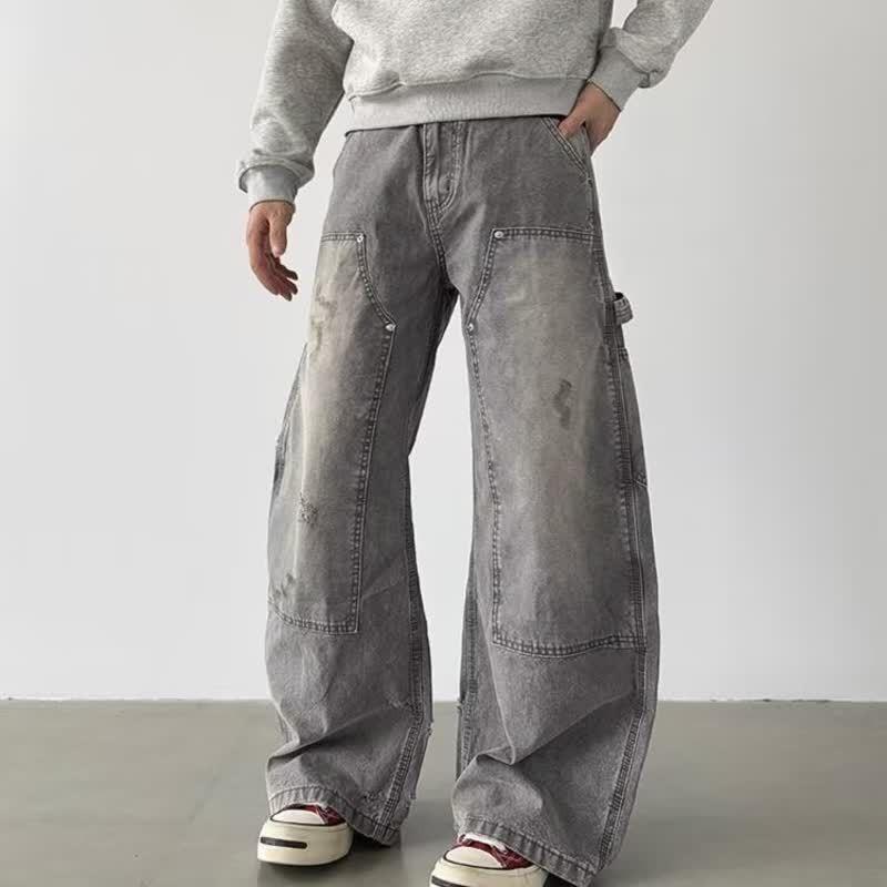 Mens Washed Grey Denim Jeans Loose Straight Fit Vintage Streetwear Wide Leg Trousers