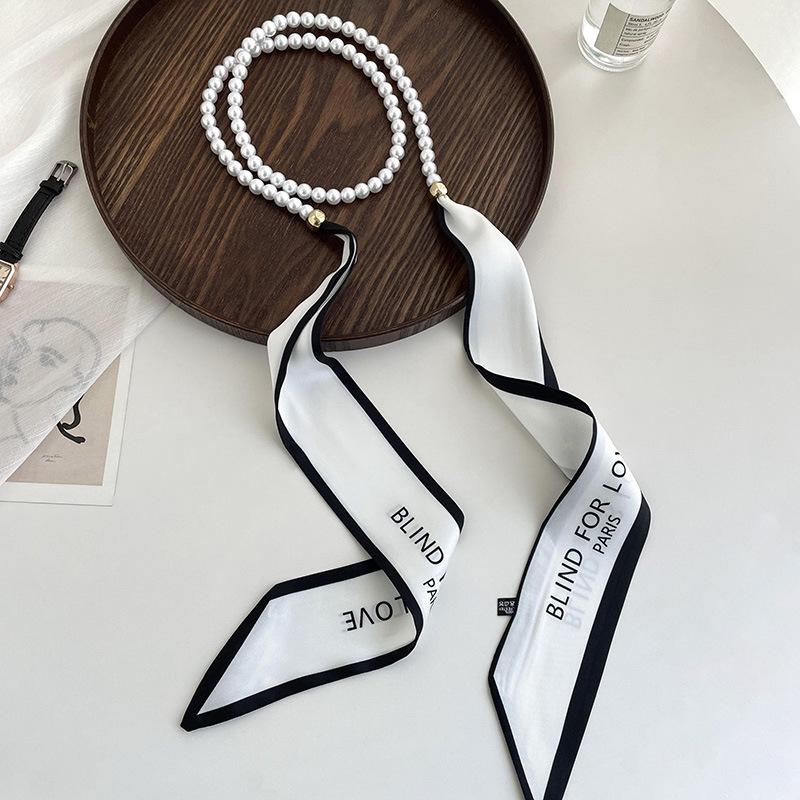 Faionable Polka Dot Scarf Waist Belt For Women Decorative Pearl Splicing Neck Ribbon Elegant Stripes Fluttering Ribbon