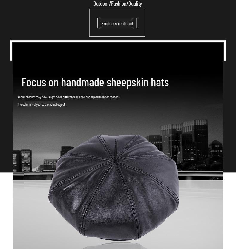 Women's Genuine Sheepskin Octagonal Beret - Korean-Style Celebrity Leather Hat for Autumn/Winter
