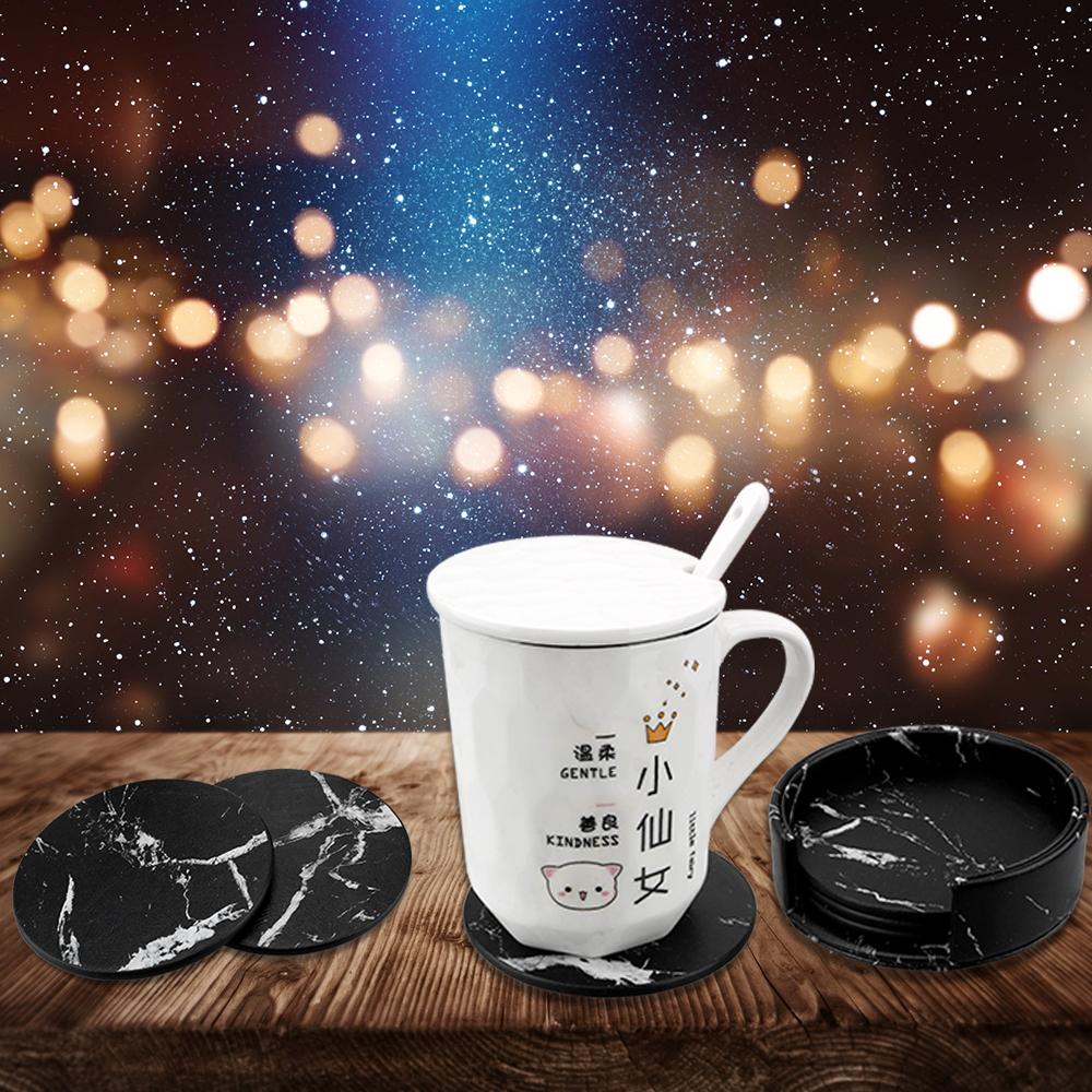 6PCS Creative Marble Coaster Drink Coffee Cup Mat Tea Pad Placemats Anti-Slip Heat Insulated Table Placemats PU Leather Kitchen Tableware
