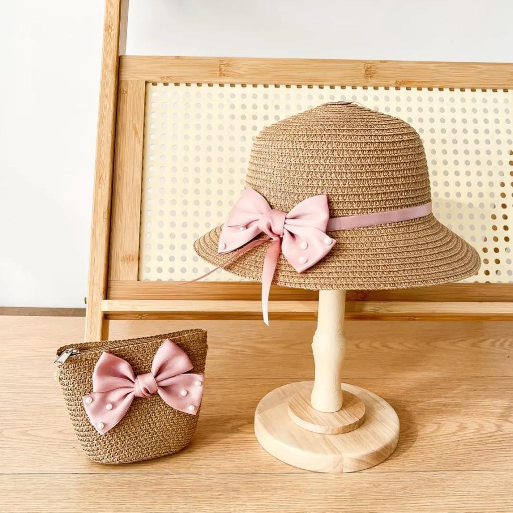 2er Set Stroh-Eimerhut und Tasche für kleine Mädchen, Kinder Sommerurlaub Fischerhüte Baby Prinzessin Schleife Lässig Strand Sonnenhut