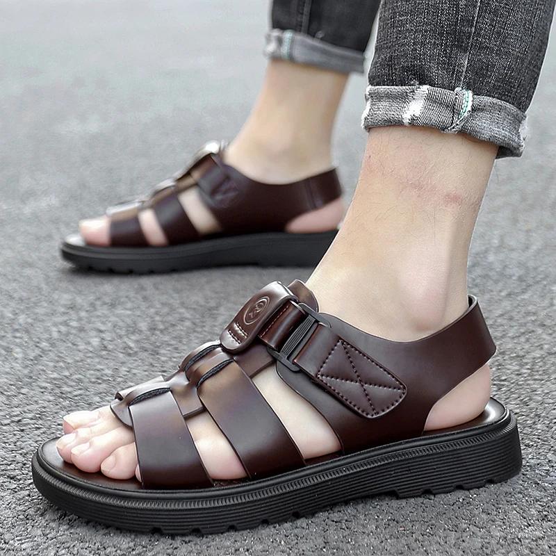 Fashion 2024 New Summer Thick Soled Men's Shoes Genuine Leather Outdoor Sports Sandals High Quality Brown Black Breathable Beach Shoes