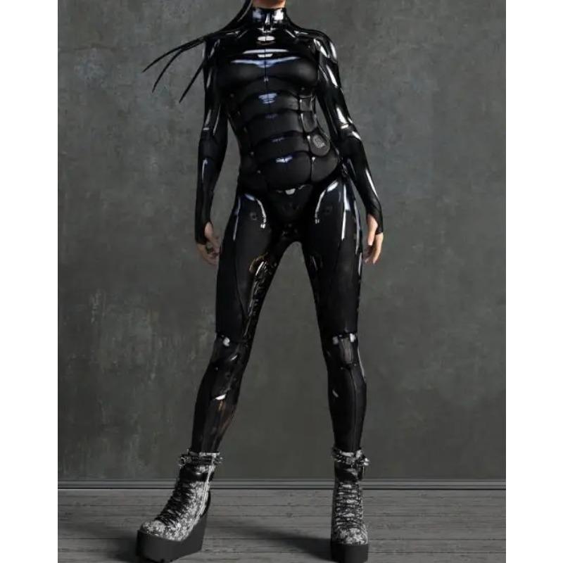 Dámský přiléhavý overal Oblečení Barevný 3D potisk Brnění Zentai Body s rukávy na palce Přední zip Cosplay Kostým Párty Outfit