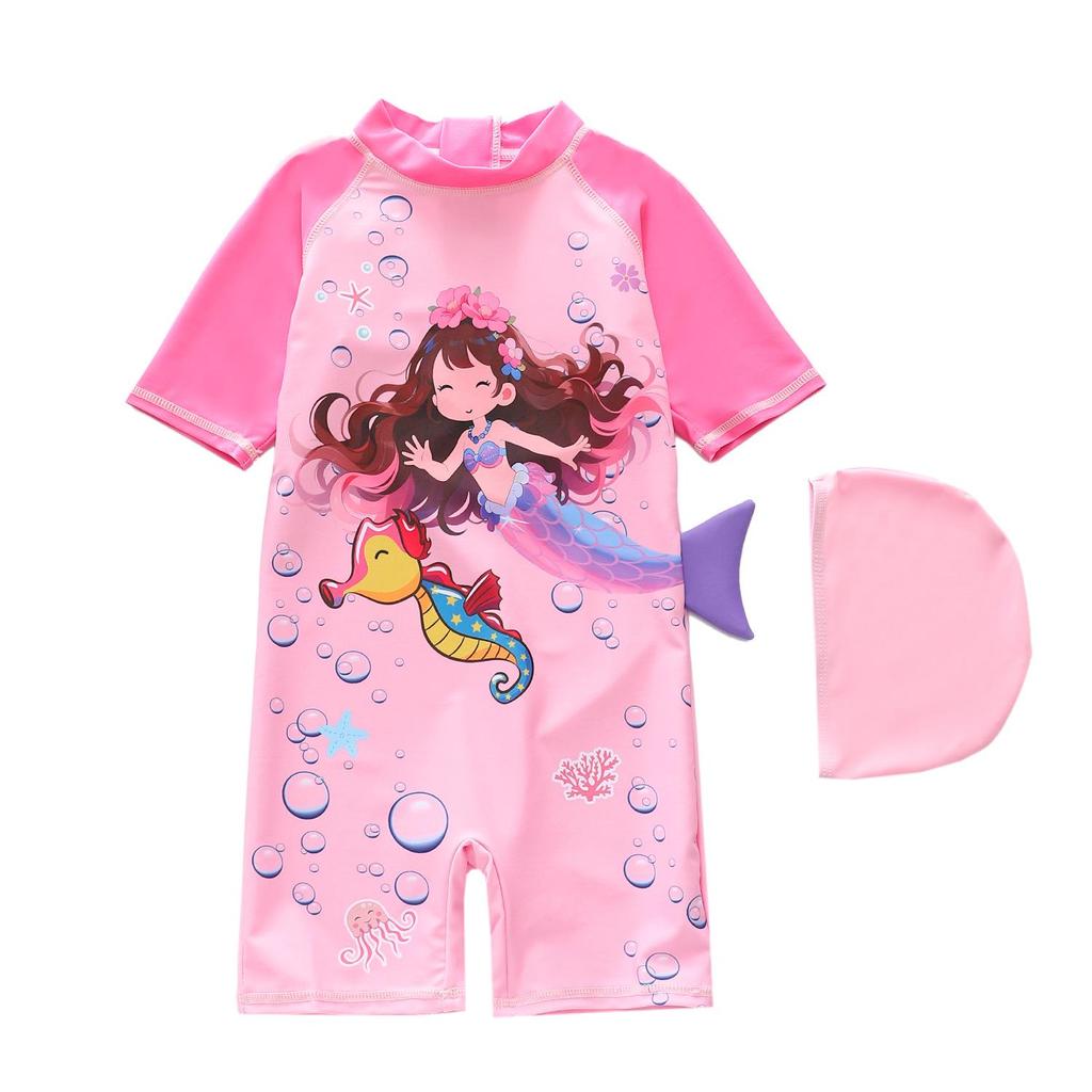2026 Girls' One-Piece Swimsuit: Cute, Sun-Protective, Short Sleeves, Shorts for Surfing & Pool Activities