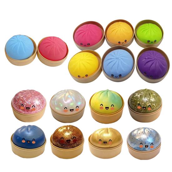 12Pcs Steamed Bun Stress Ball with Steamer Anti-Anxiety Glitter Cartoon Dumpling Squeeze Toy Simulated Dough Ball Fidget Sensory Toy