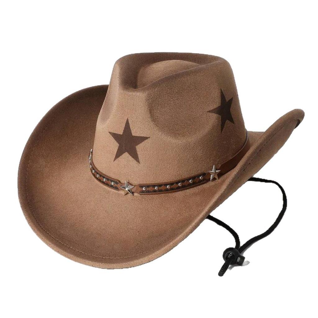 Western-style Tibetan Cowboy Hat for Men and Women, with Five-pointed Star Print, Faux Suede, Rivets, Wide Brim, Outdoor Riding Sun Protection Hat