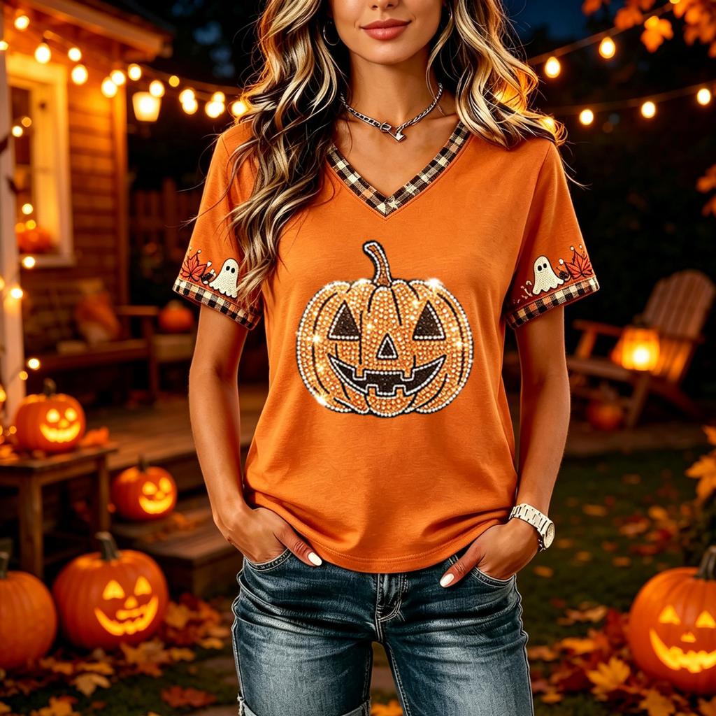 Tricouri Femei Halloween cu Decolteu în V Top cu Dovleac Tricou Casual Top pentru Petrecere de Sărbătoare