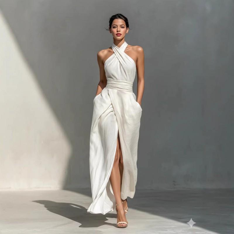European American Summer New Women s Clothes Sleeveless Elegant Slim Pure White Dress L белый