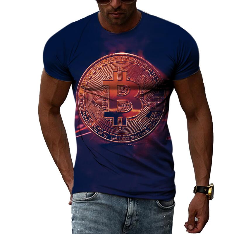 Summer Fashion Abstract Bitcoin 3D Print Tee Hip Hop Harajuku Personality Round Neck Short Sleeve Casual Men's T-shirts