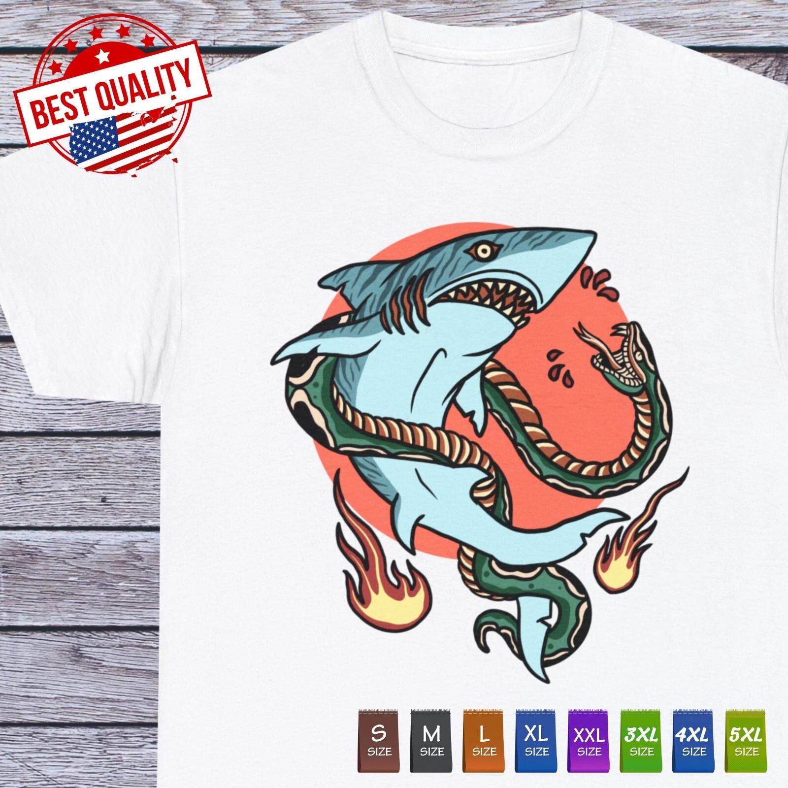 

Shark Vs Snake T Shirt Traditional Tattoo Old School Tee Vintage Clothing 3XL