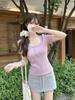 Summer Korean Style Sweet Square Neck Lace Trim Button Slim Fit Short Sleeve Top