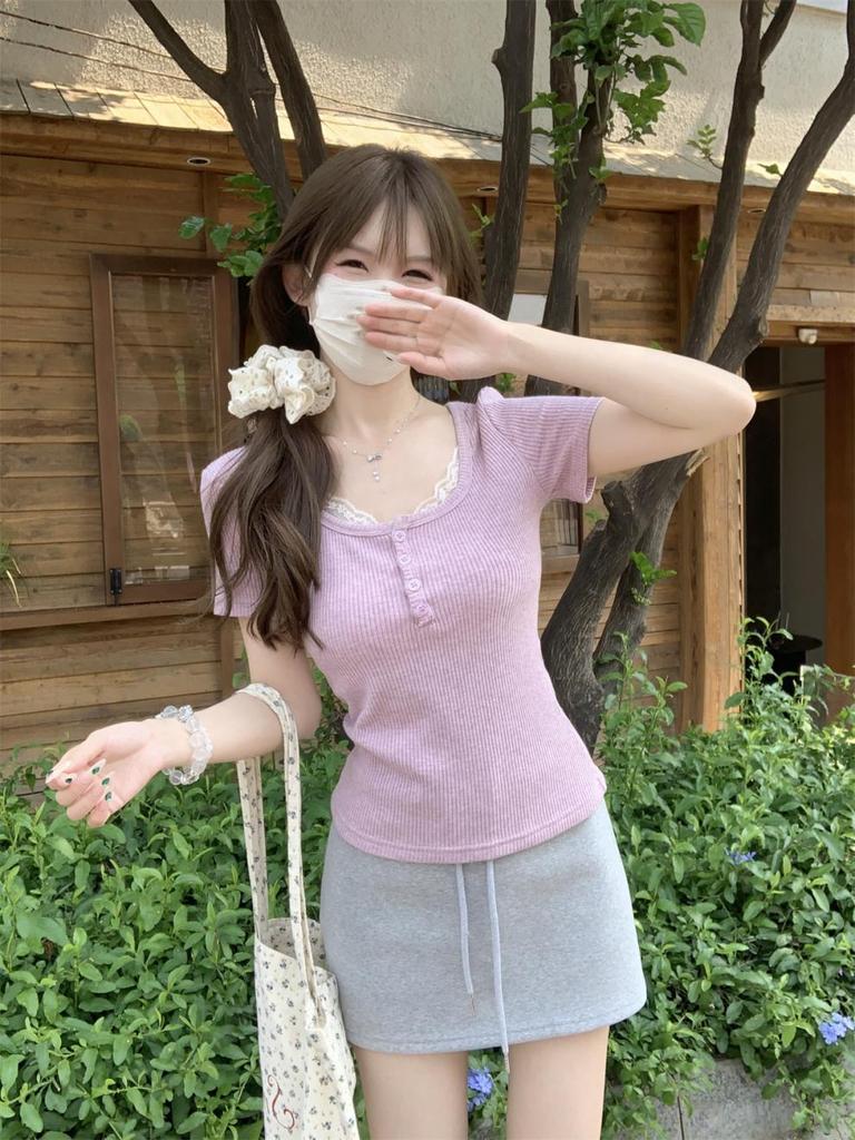 Summer Korean Style Sweet Square Neck Lace Trim Button Slim Fit Short Sleeve Top