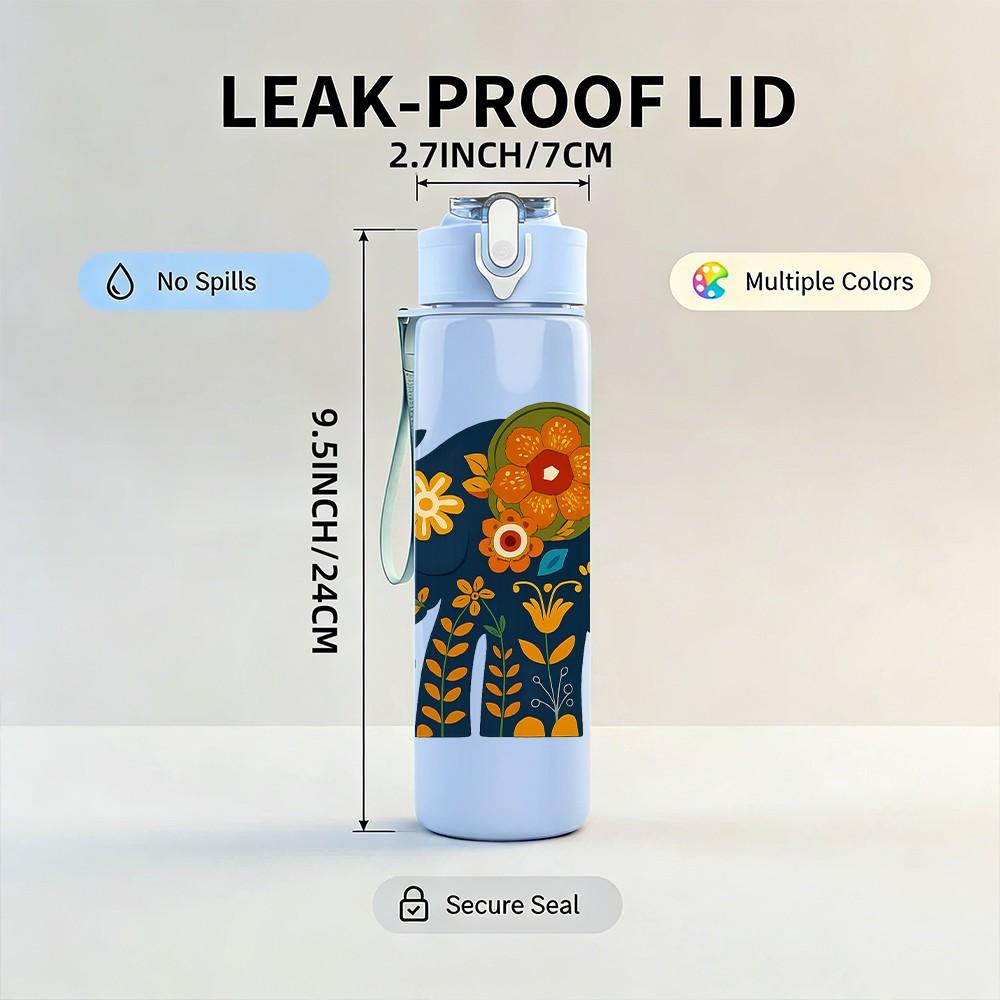1PC Decorated Asian Elephant Print 750ml Color Plastic Sports Water Bottle Leakproof Flip Straw Lid Suitable for Sports Office Home Use