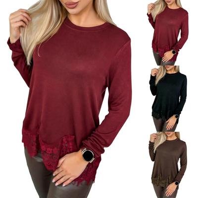 Damen Patchwork Langes, Ärmeliges Elegantes Rundhals Unregelmäßiger Saum Oberteil