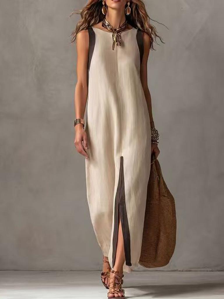 Amazon 2026 cross-border European and American summer new women's casual temperament sleeveless contrasting color split linen dress