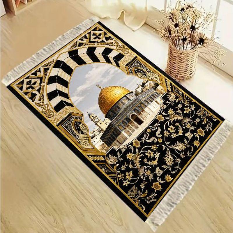 Aksamitna Mata do Modlitwy Muzułmańskiej Luksusowa Złota Bogato Zdobiona Wzór Kaaby Przenośna Antypoślizgowa Dywanik do Modlitwy Eid Mubarak Prezent do Domu
