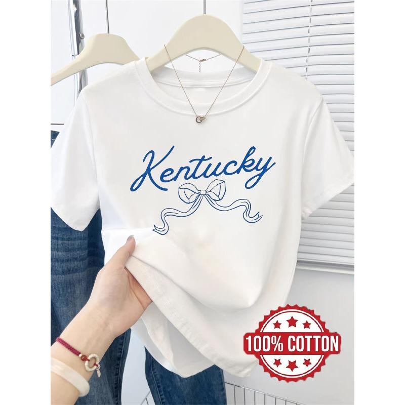 New Women s T-Shirt, Blue Letter and Bow Design Print, Fashionable Casual Printed Tee,Crew Neck Short Sleeve, Sweat-Absorbent and Breathable S белый