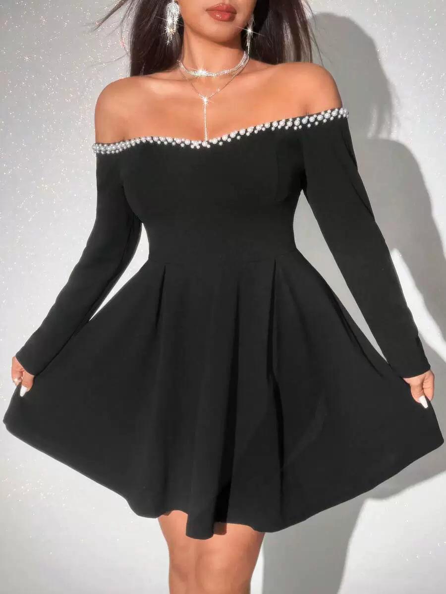 2026 Elegant Strapless Pearl-Embellished Waist-Cinching Dress for Women 2XL чёрный