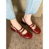 French Retro Square Head Double Buckle with Empty Sandals Women's Summer New Thick Heel Mary Jane Shoes Soft Leather Single Shoes Middle Heel
