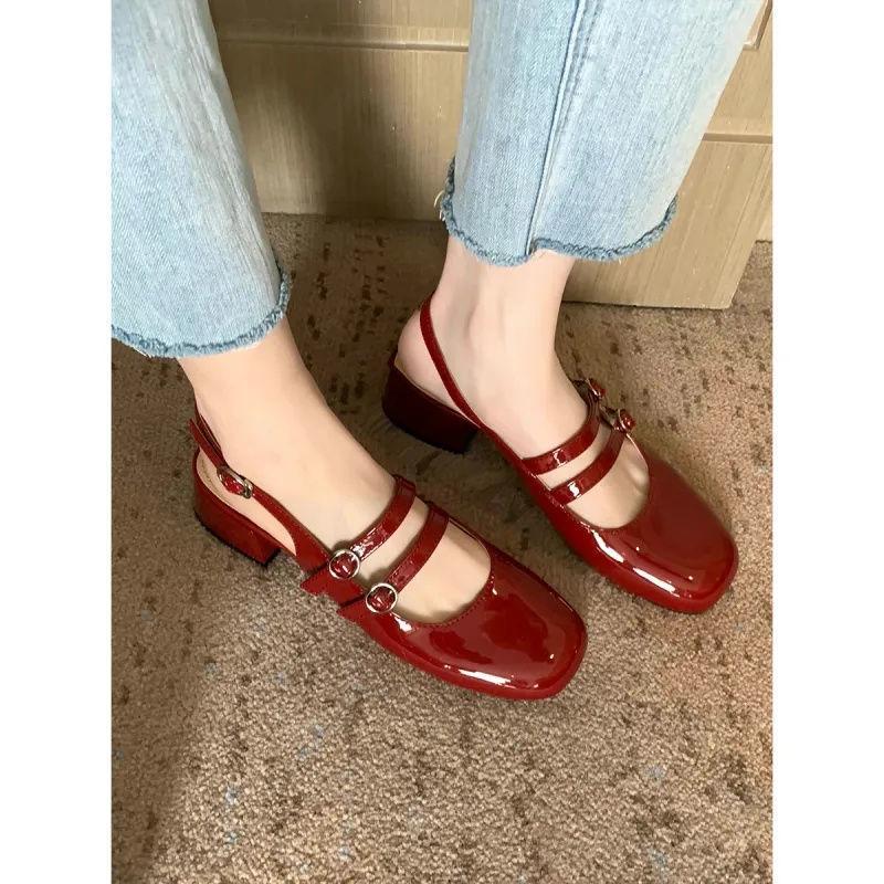French Retro Square Head Double Buckle with Empty Sandals Women's Summer New Thick Heel Mary Jane Shoes Soft Leather Single Shoes Middle Heel