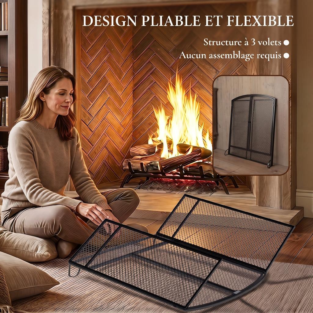Folding Fireplace Screen, 3 Panels, 2 Doors, 122 x 10 x 75 cm, Black