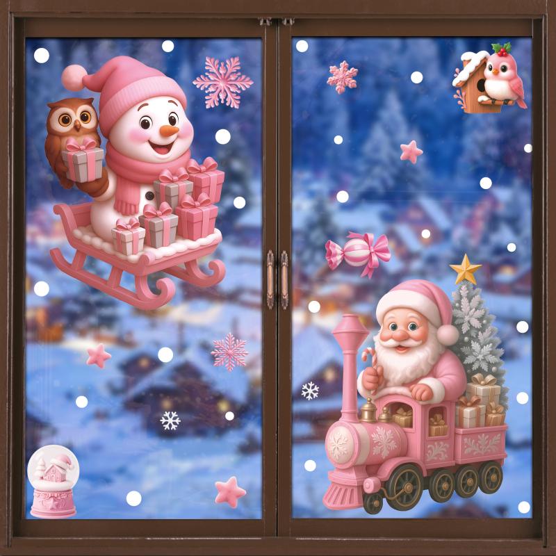 Pink Santa Claus Christmas Window Stickers Cute Reindeer Gingerbread Man Wall Sticker Home Decoration Decal Noel Kerst Navidad