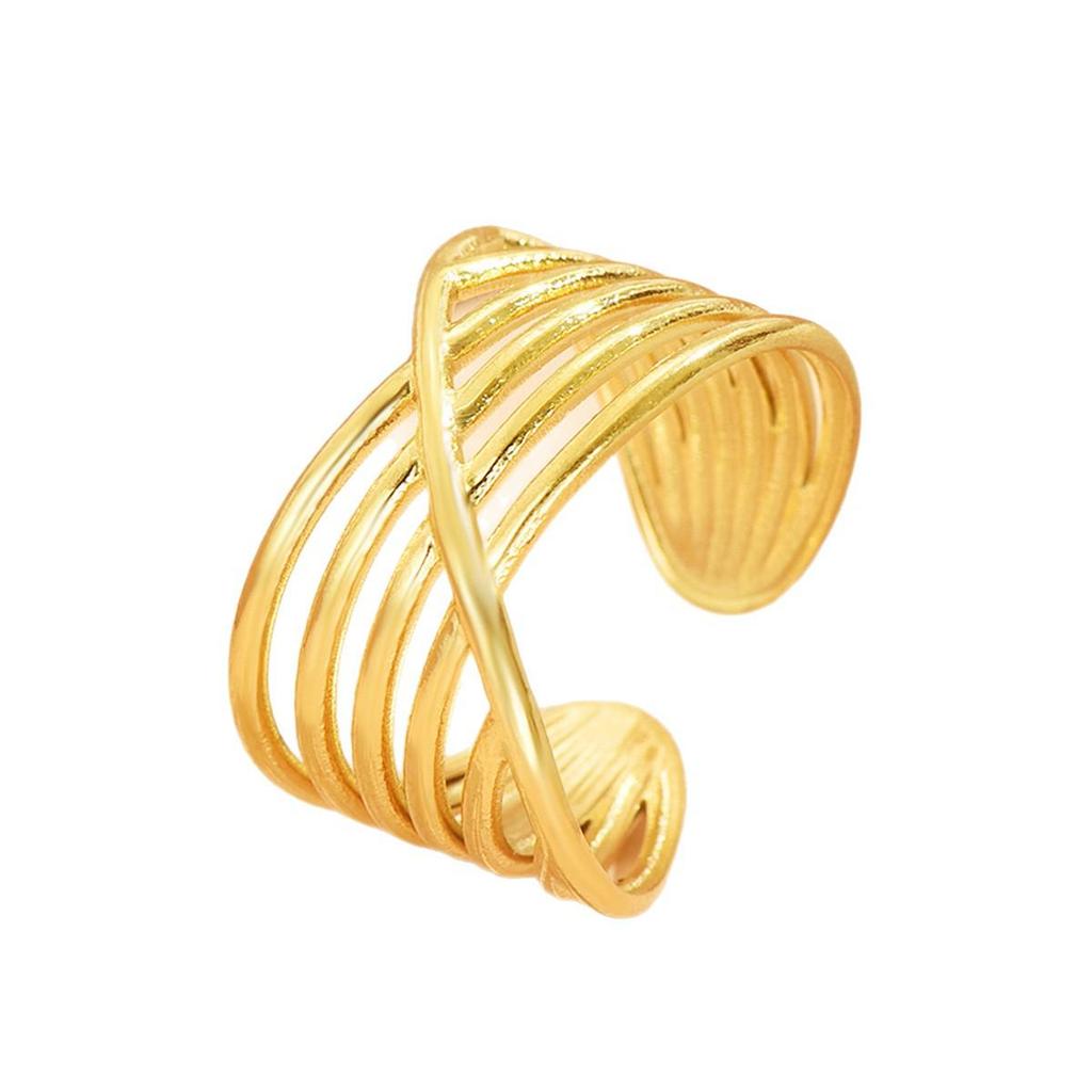 INS Style Geometric Intersecting Stainless Steel Ring for Women, 18K Gold Plated Titanium Steel Jewelry.