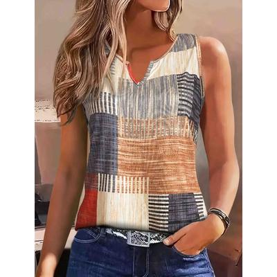 Women's Casual Color Block V Neck Sleeveless Summer Striped Tank Top Blouse