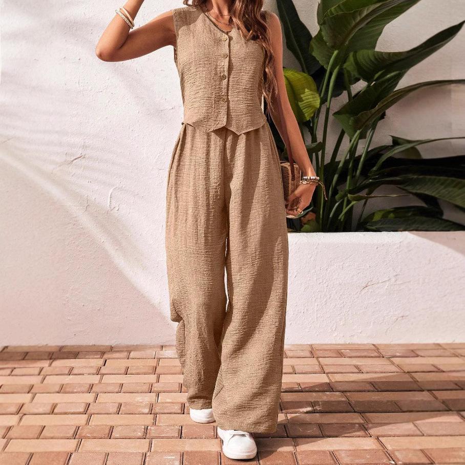 Summer Cotton Linen Women V-Neck Vest Front Button Vest Trousers Casual Suit Women Short Vest Top + Pants Two Peice Set