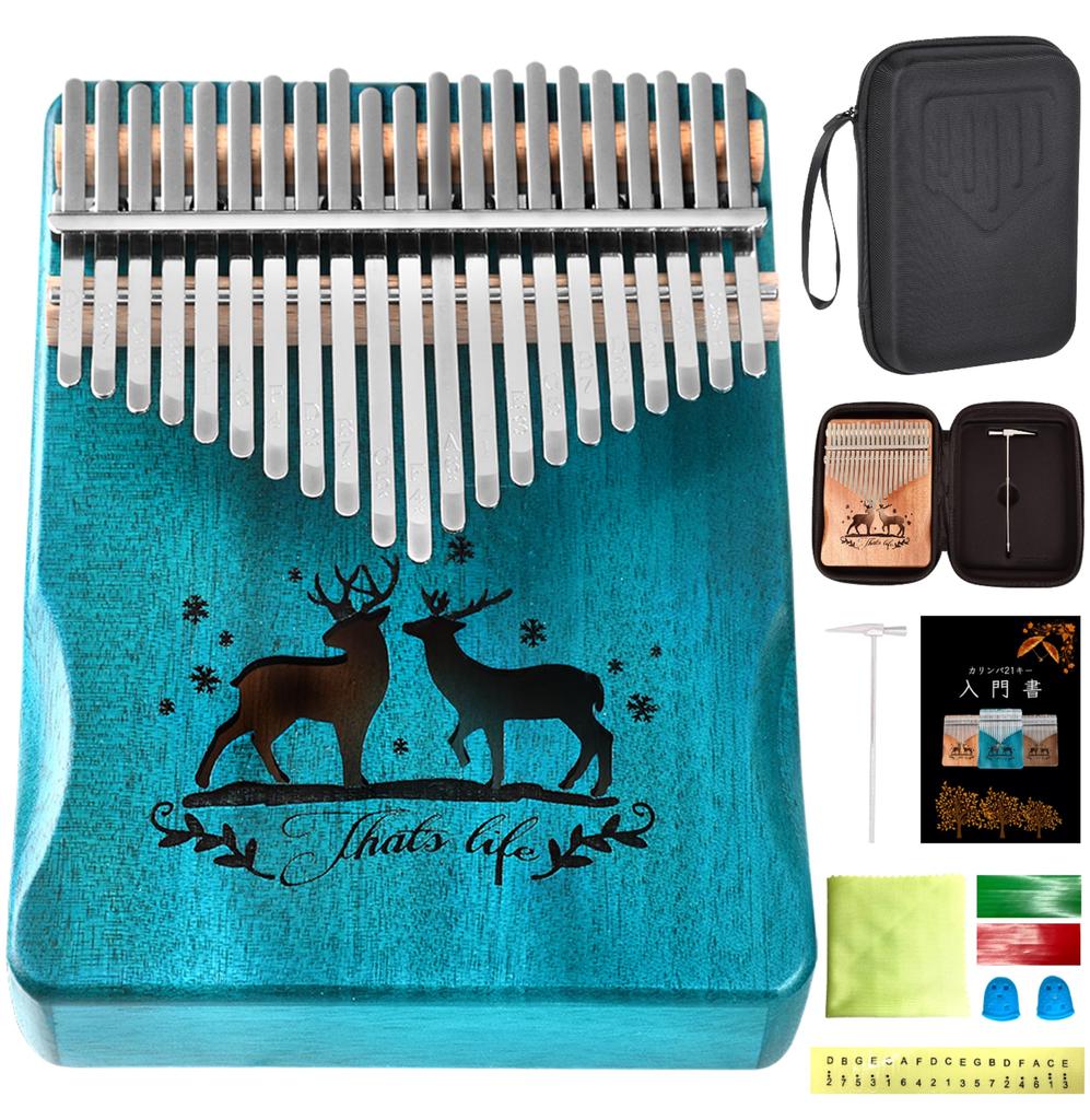 PERDIN Kalimba Beginner Set, 21 Keys, Pre-Tuned, Includes Japanese Sheet Music, Beginner's Book, Case, Engraved, Mahogany (Cerulean Blue)