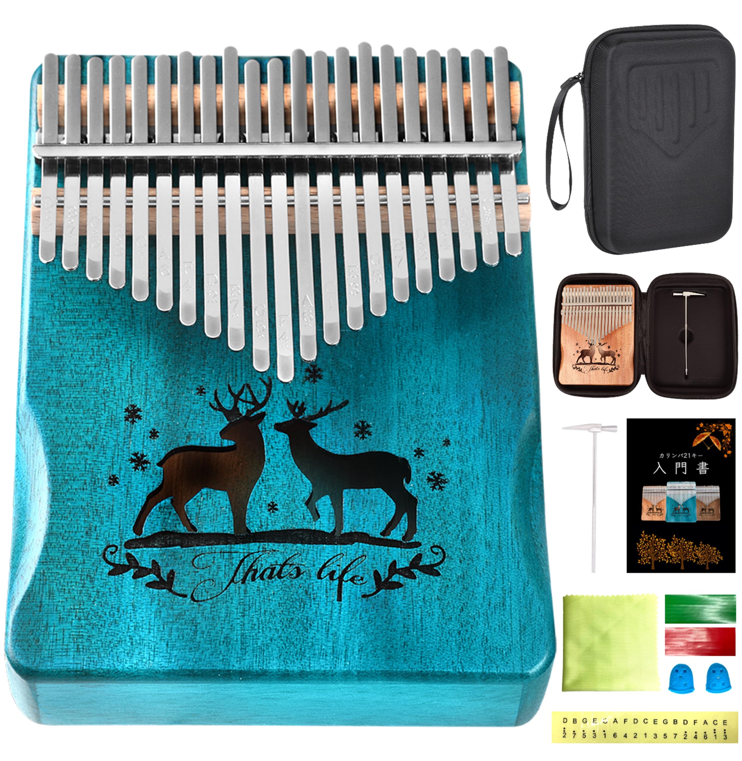 

PERDIN Kalimba Beginner Set, 21 Keys, Pre-Tuned, Includes Japanese Sheet Music, Beginner s Book, Case, Engraved, Mahogany (Cerulean Blue)