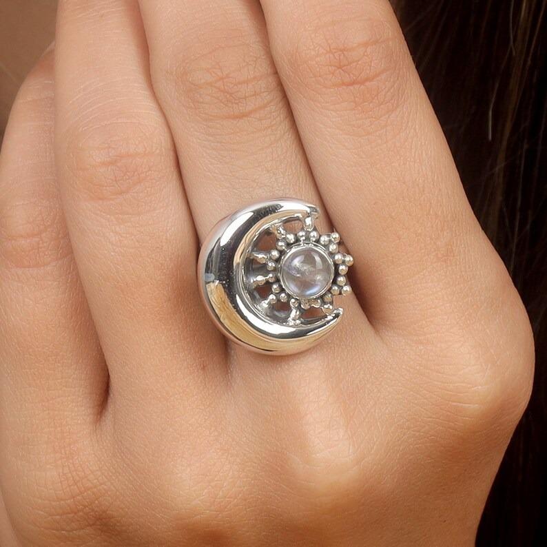 Månsten Rund Ädelsten Halvmåne Handgjord Designerring, Statementring, Silverberlock Smycken, Ringar Till Hennes, 925 Sterling Silver