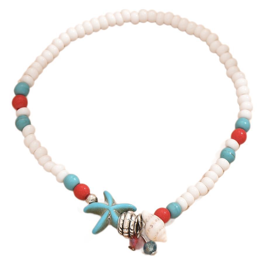 Beach Style Turquoise Beaded Anklet with Starfish Charm and Shell Accents Adjustable Summer Jewelry for Women and Teens One Size белый